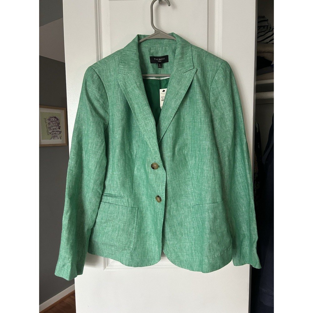 NWT Talbots 100% Linen 2 Button Green Blazer Jacket Size 16 Petite Pockets